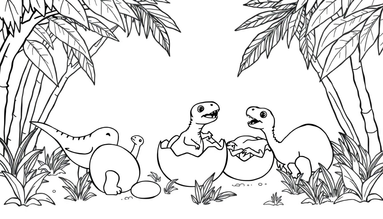 Malvorlage mit Dinosauriern, die aus Eiern schlüpfen, umgeben von großen Blättern und Baumstämmen.