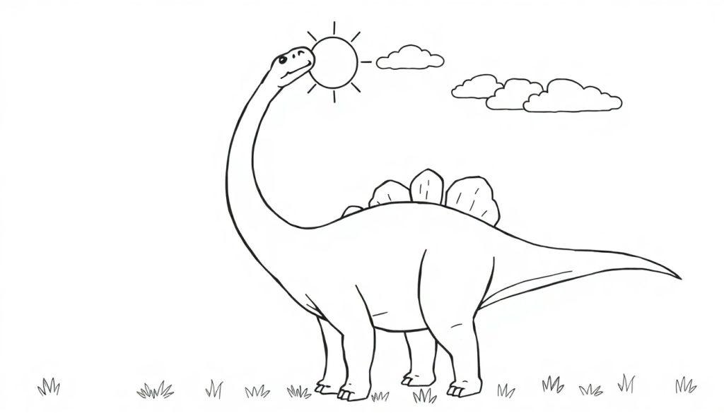 Malvorlage eines Dinosauriers, der versucht, die Sonne zu küssen, mit Wolken und Gras.