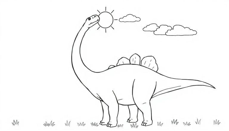 Malvorlage eines Dinosauriers, der versucht, die Sonne zu küssen, mit Wolken und Gras.