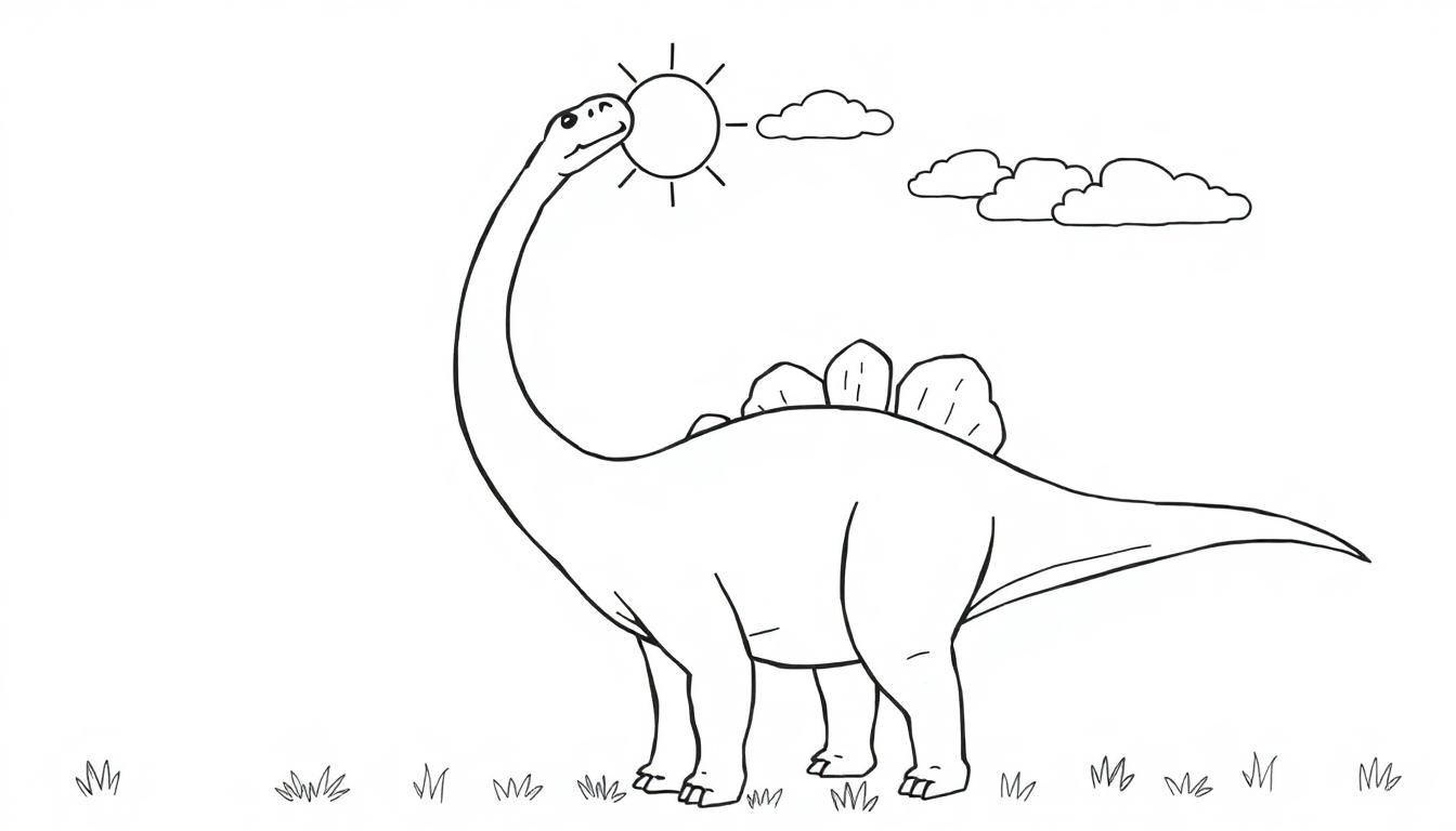 Malvorlage eines Dinosauriers, der versucht, die Sonne zu küssen, mit Wolken und Gras.