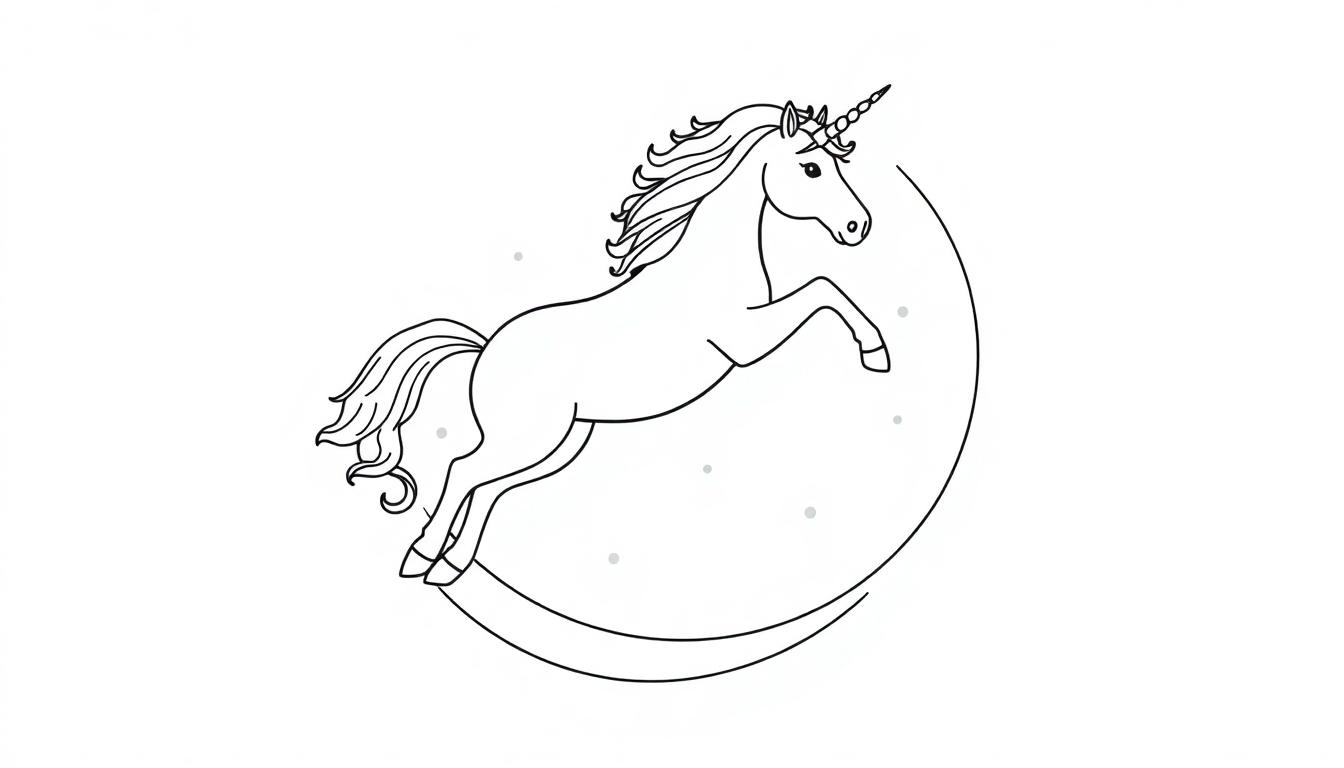 Malvorlage Einhorn auf Mondsichel mit Glitzerpunkten