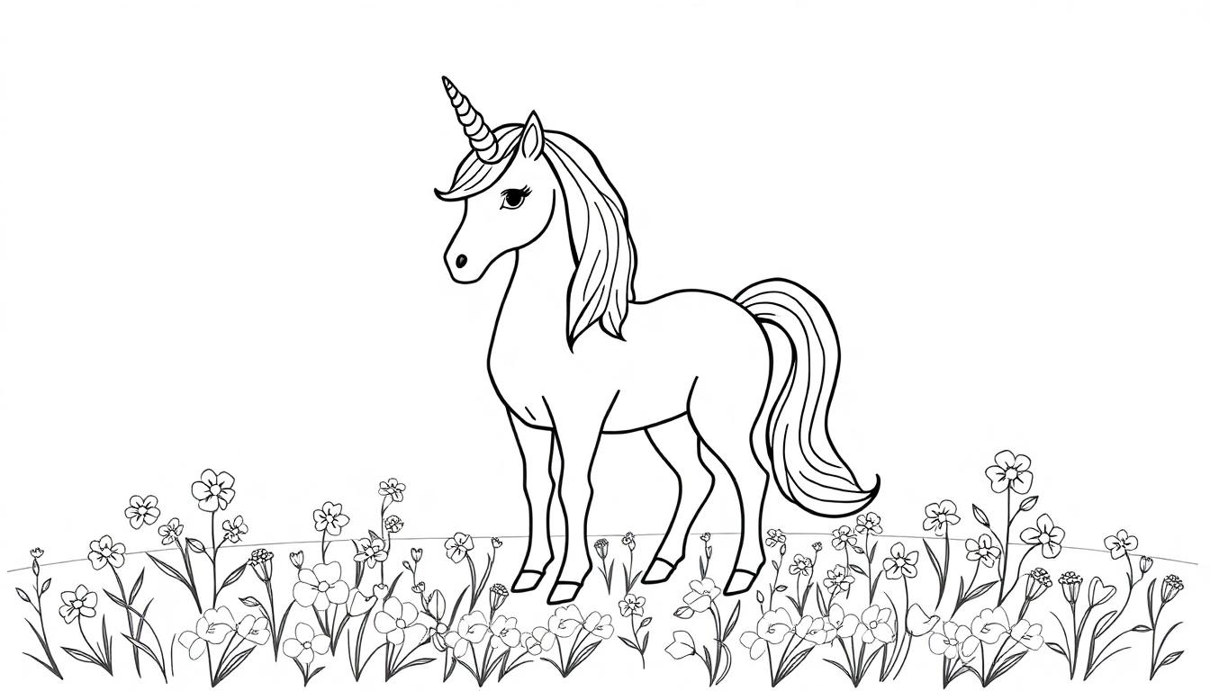 Schwarz-weiß Zeichnung eines Einhorns auf einer Blumenwiese, bereit zum Ausmalen.