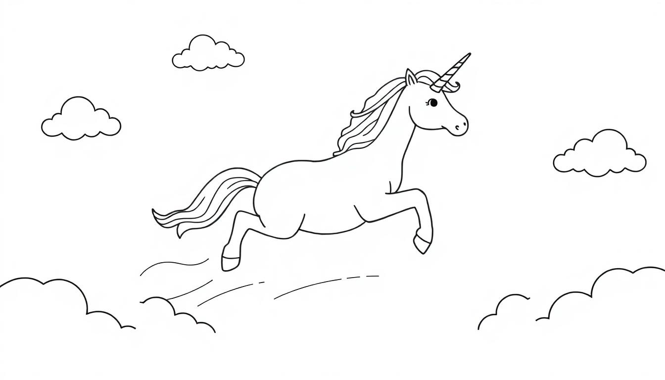 Schwarz-weiße Malvorlage eines Einhorns, das durch die Luft springt, umgeben von Wolken.