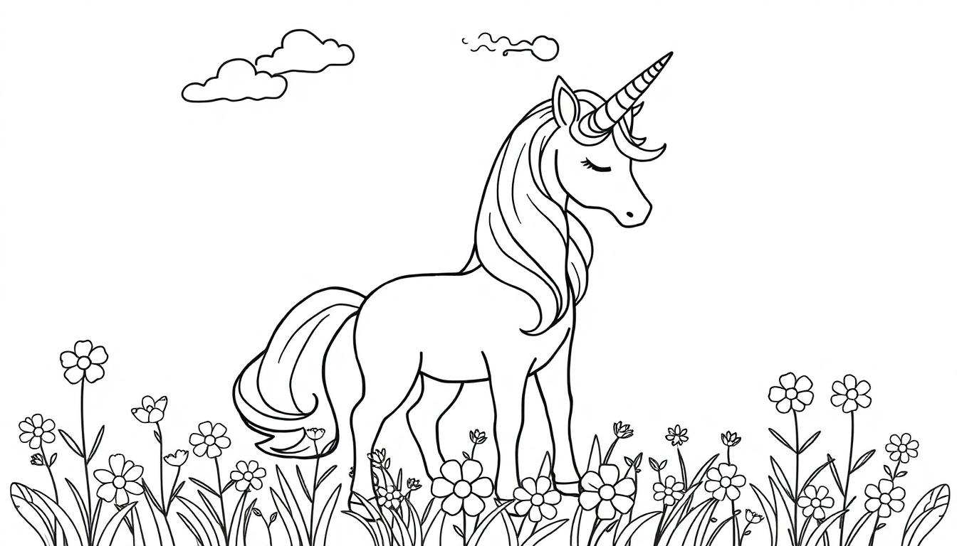 Schwarz-Weiß-Zeichnung eines Einhorns mit langer Mähne und spiralförmigem Horn auf einer blumenreichen Wiese, mit Wolken am Himmel.