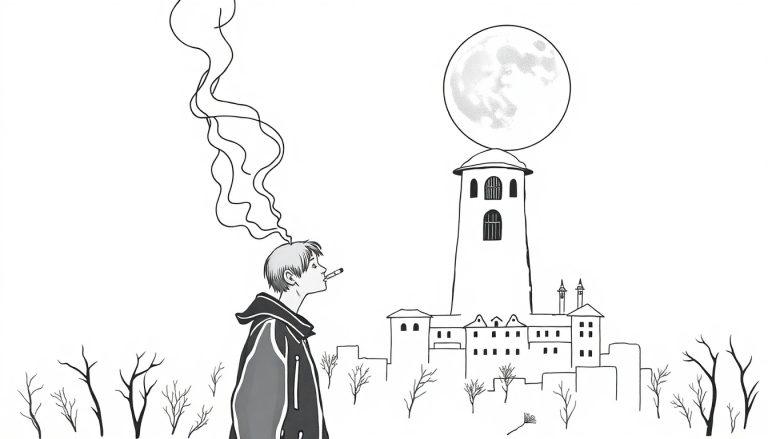 Malvorlage einer Fantasiewelt mit einer rauchenden Person im Vordergrund und einer Stadt mit einem Mondturm im Hintergrund.