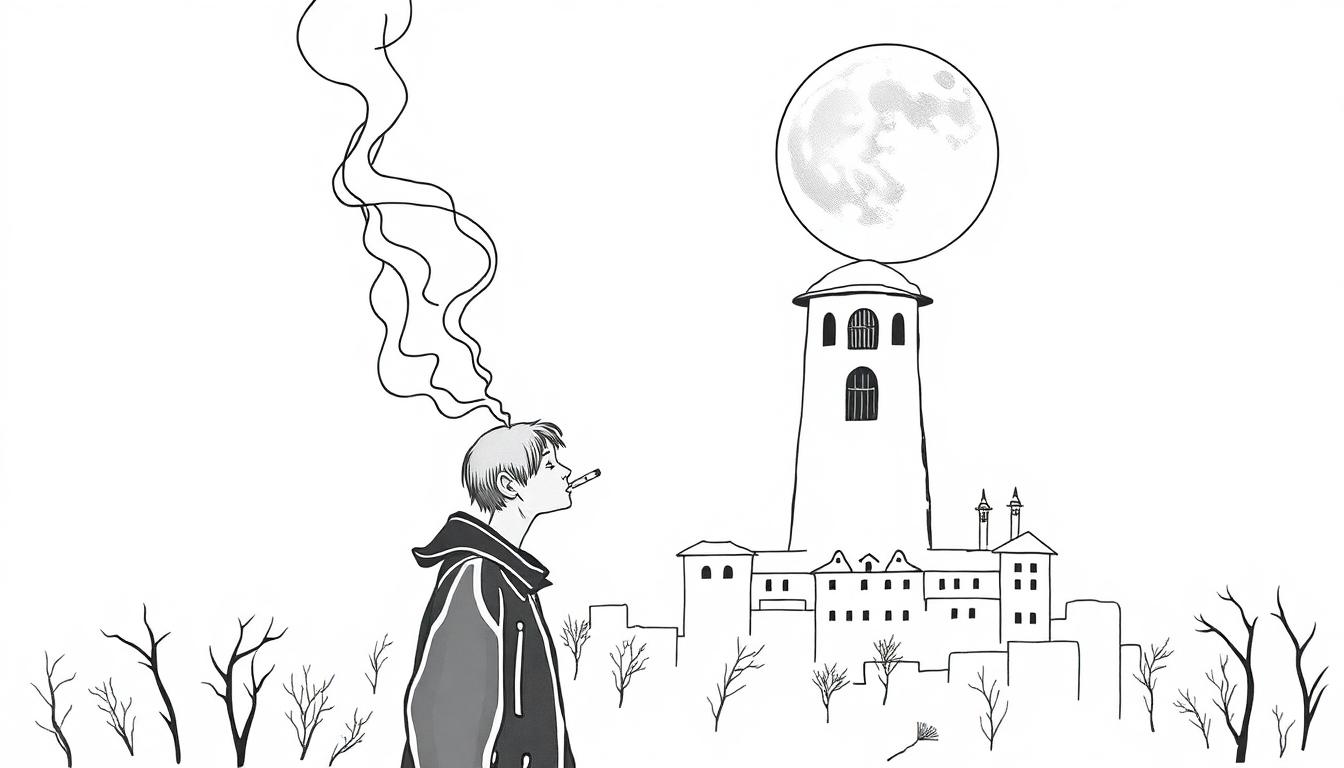 Malvorlage einer Fantasiewelt mit einer rauchenden Person im Vordergrund und einer Stadt mit einem Mondturm im Hintergrund.