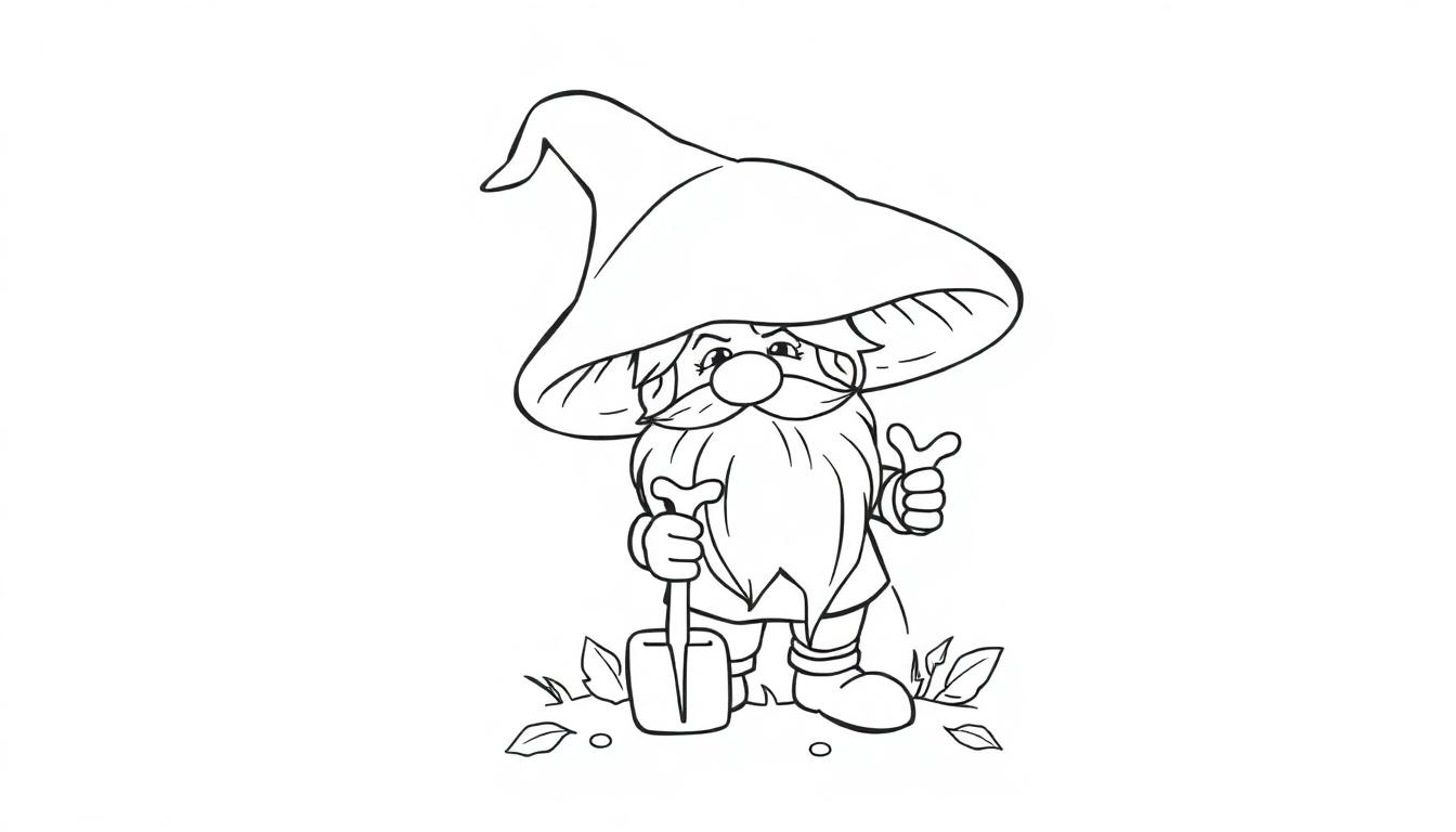 Schwarz-weiße Malvorlage eines lächelnden Gnomes mit spitzem Hut, Bart, Schaufel und winkender Hand.