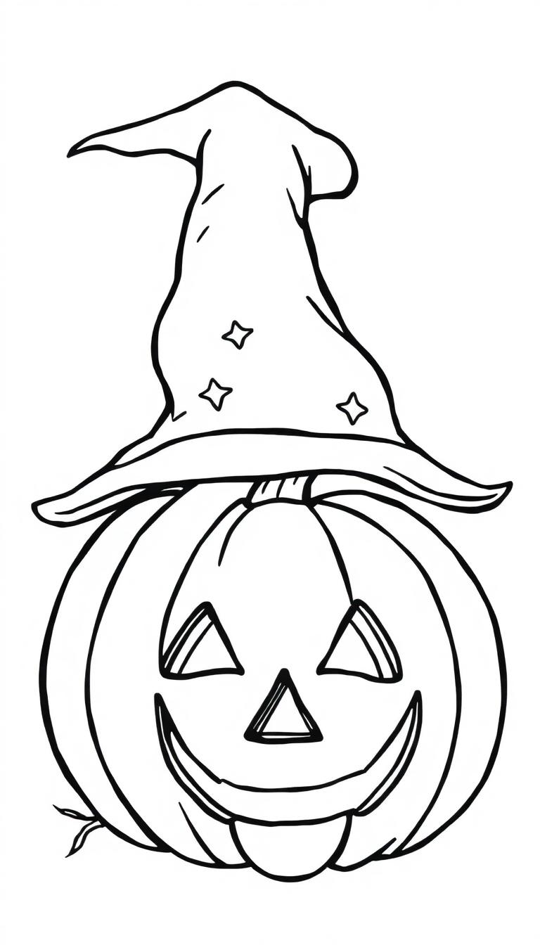 Ausmalbild eines Halloween-Kürbis mit einem gruseligen Gesicht und einem Hexenhut mit Sternen.