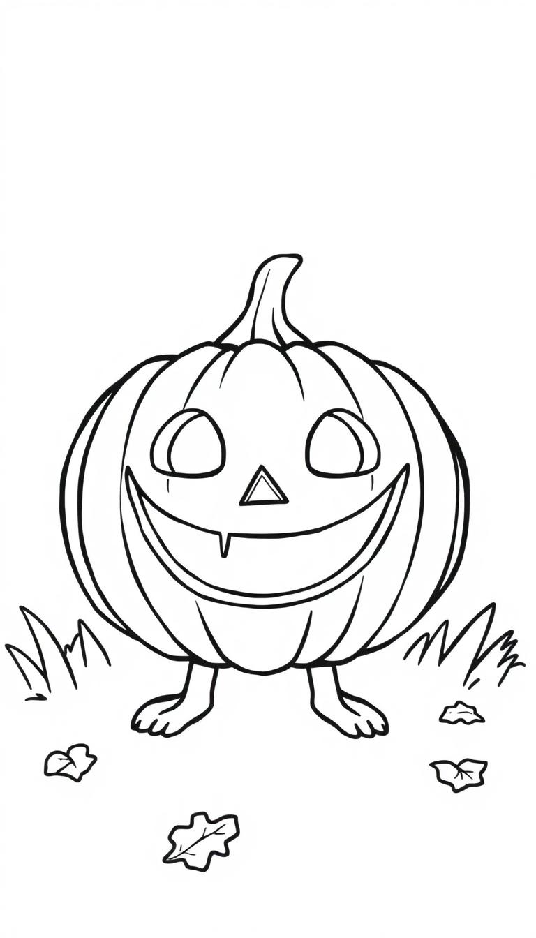 Malvorlage eines Halloween-Kürbis auf kleinen Beinen mit geschnitzter Fratze, umgeben von Grashalmen und Blättern. Schwarz-weiß mit dicken Linien.