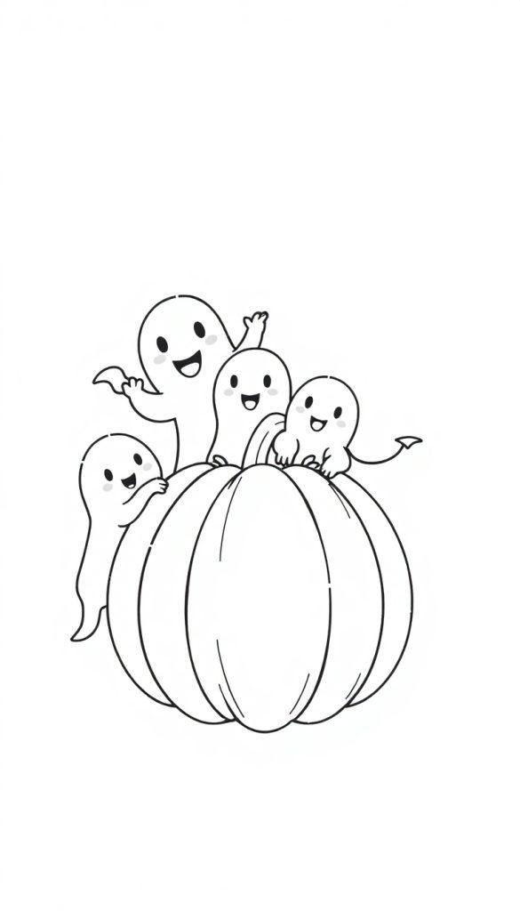 Malvorlage eines Halloween-Kürbis mit vier fröhlichen Geistern