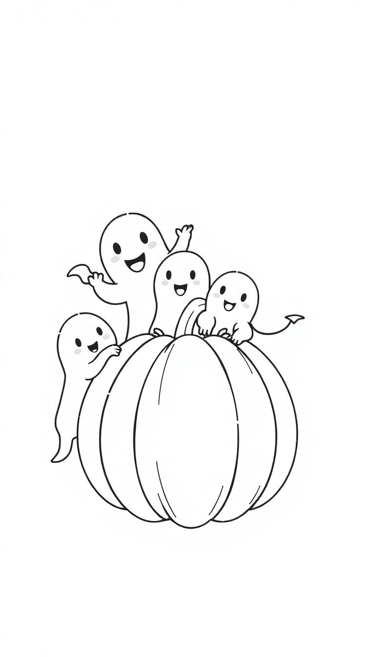 Malvorlage eines Halloween-Kürbis mit vier fröhlichen Geistern