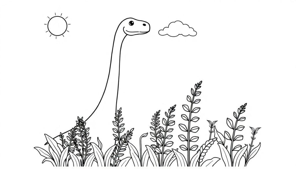 Cartoon-Zeichnung eines Dinosauriers mit langem Hals, der aus Pflanzen herausragt, mit Sonne und Wolke im Himmel, als Malvorlage.