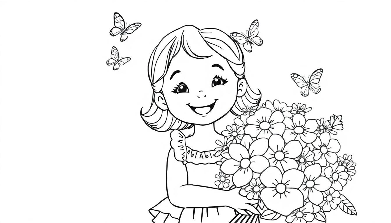 Malvorlage eines kleinen Mädchens mit einem Blumenstrauß, umgeben von Schmetterlingen