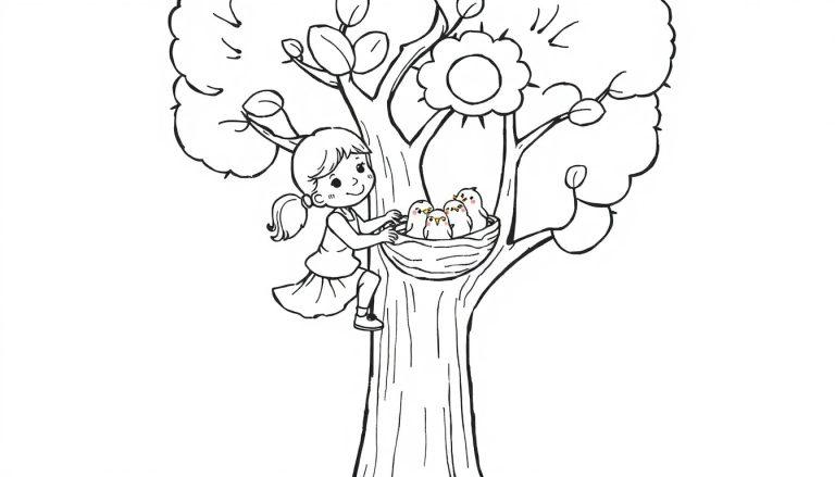 Malvorlage eines Mädchens, das auf einen Baum klettert, um ein Vogelnest mit Küken zu füttern. Der Baum hat Blätter, Äste und eine große Blume in der Mitte.