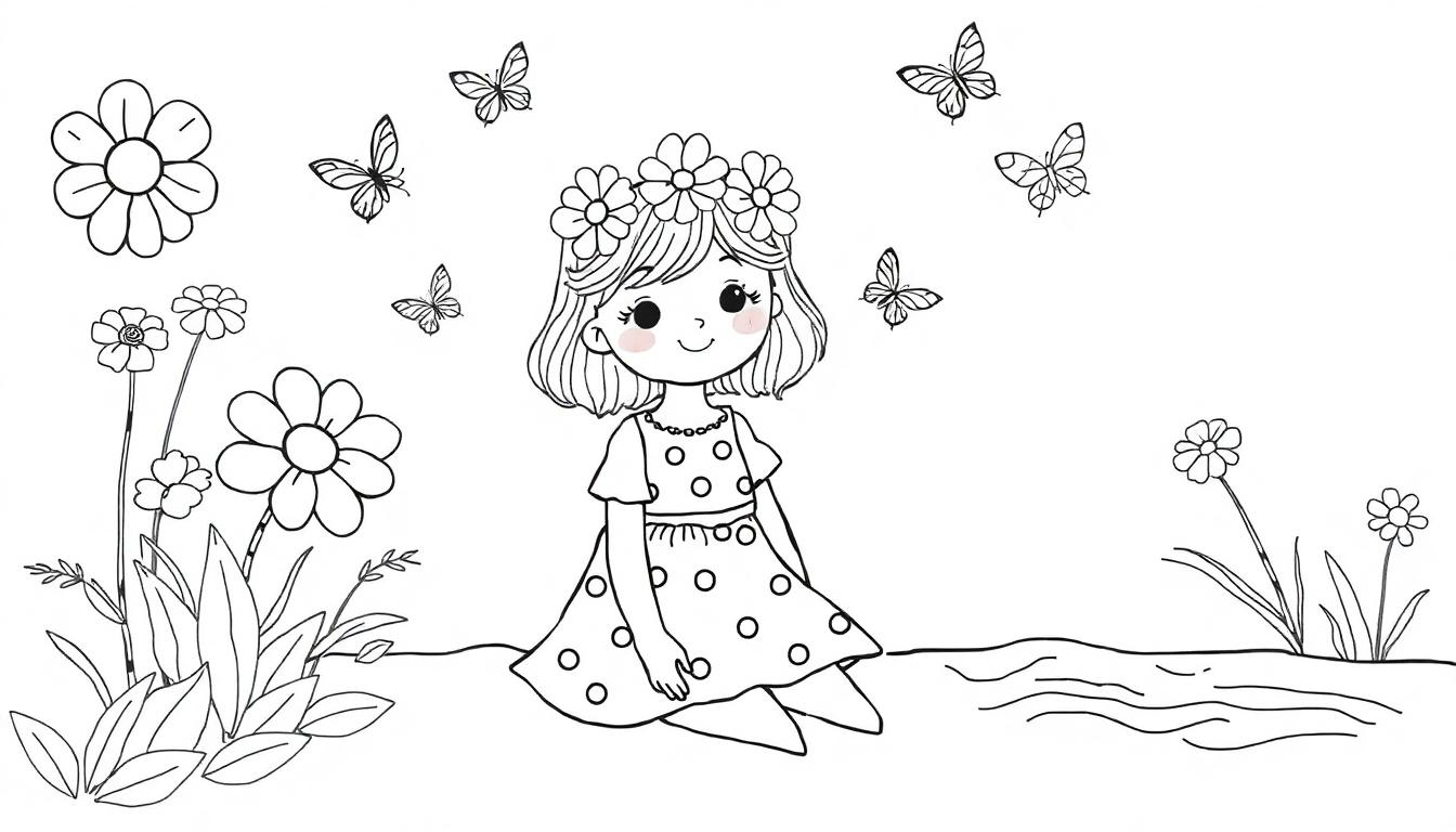 Schwarz-Weiß-Malvorlage einer jungen Frau mit Blumenkranz und gepunktetem Kleid, sitzend zwischen Blumen und Schmetterlingen.