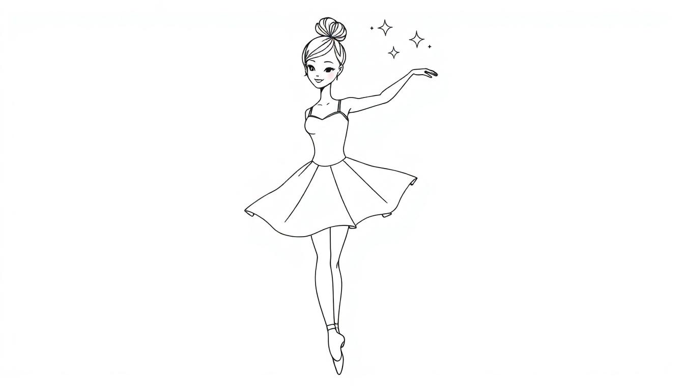 Malvorlage einer Ballerina mit erhobenen Armen und angehobenem Bein, die ein Tutu trägt, mit drei Sternen über dem Kopf.