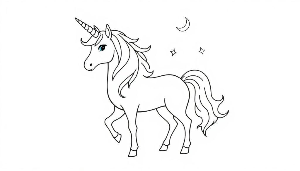 Schwarz-weißes Ausmalbild eines niedlichen Comic-Einhorns, das auf seinen Hinterbeinen steht, mit einem spiralförmigen Horn und einem Mond im Hintergrund.