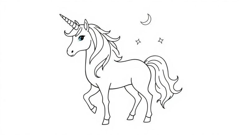Schwarz-weißes Ausmalbild eines niedlichen Comic-Einhorns, das auf seinen Hinterbeinen steht, mit einem spiralförmigen Horn und einem Mond im Hintergrund.
