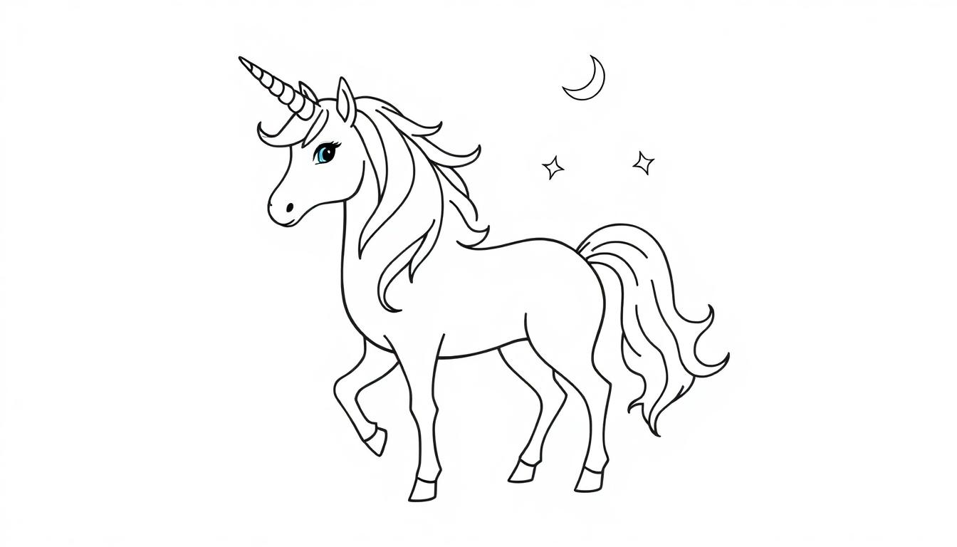 Schwarz-weißes Ausmalbild eines niedlichen Comic-Einhorns, das auf seinen Hinterbeinen steht, mit einem spiralförmigen Horn und einem Mond im Hintergrund.