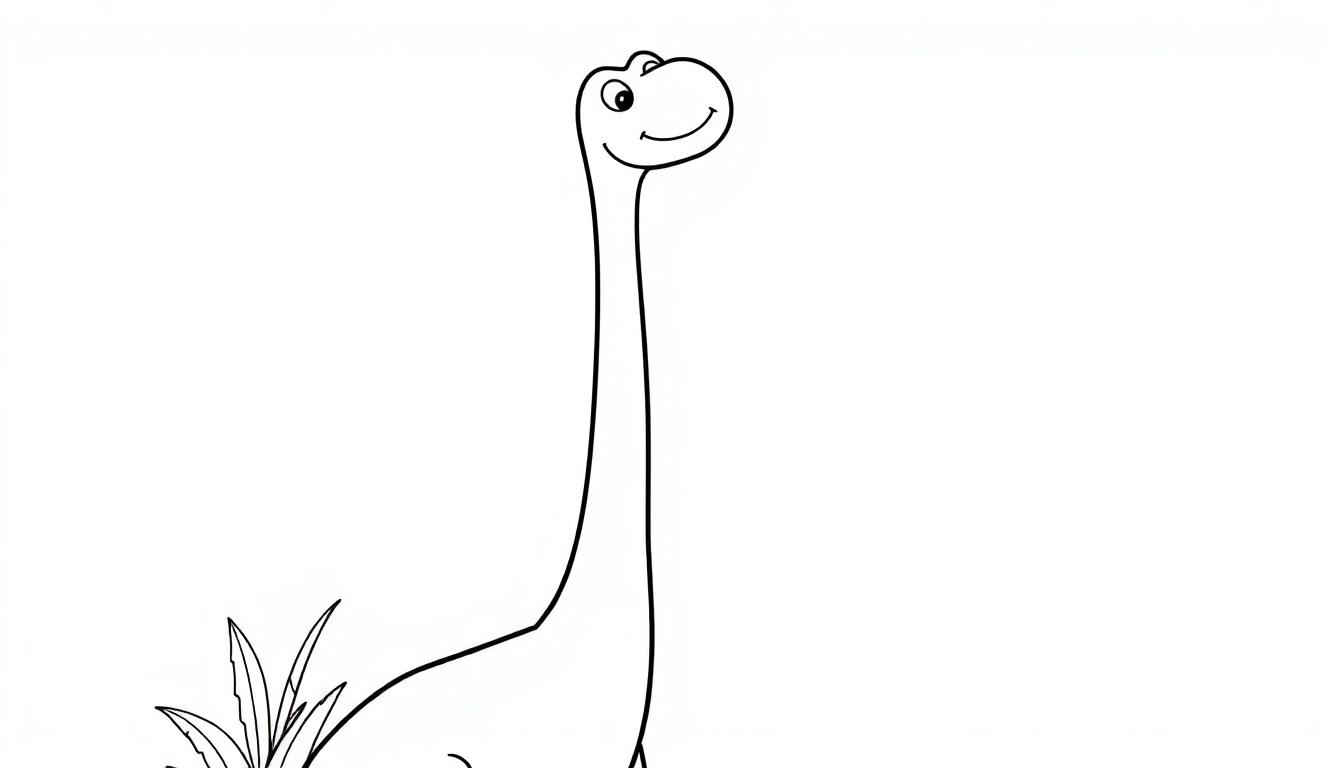 Schwarz-weiße Malvorlage eines niedlichen Cartoon-Dinosauriers mit langem Hals, umgeben von Grashalmen.