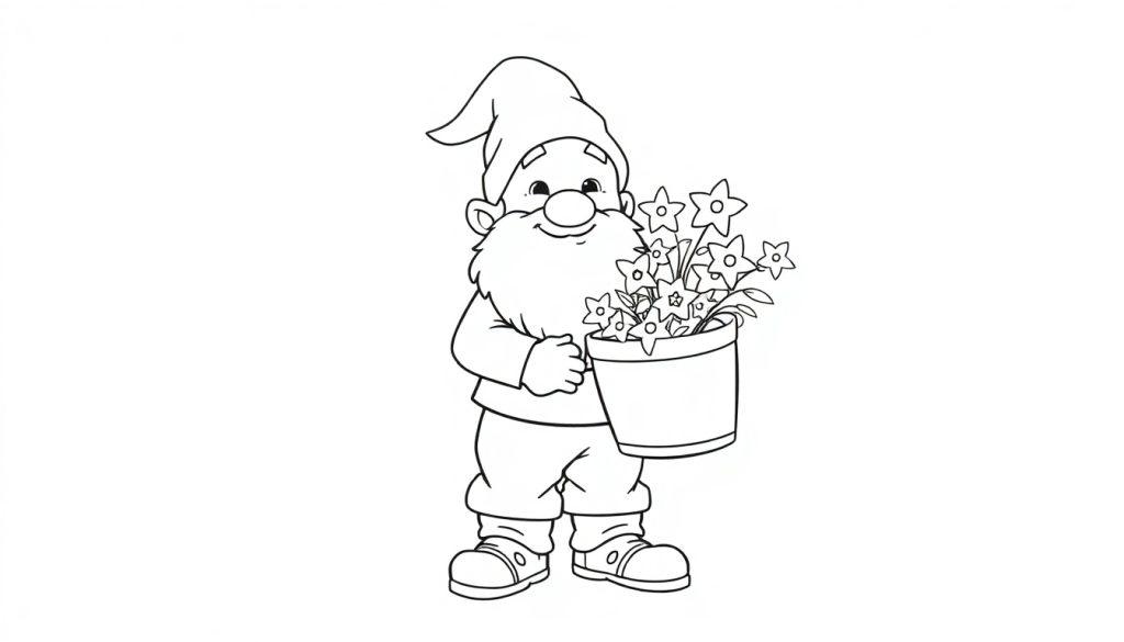 Schwarz-Weiß-Malvorlage eines Gartenzwergs mit spitzer Mütze, Bart und einem Topf voller kleiner Blumen.