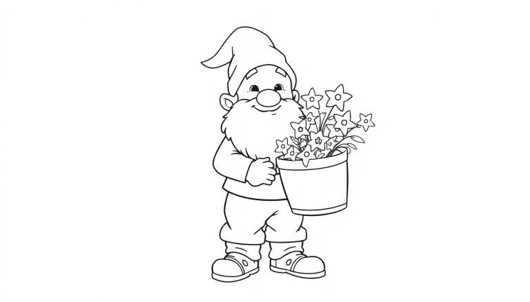 Schwarz-Weiß-Malvorlage eines Gartenzwergs mit spitzer Mütze, Bart und einem Topf voller kleiner Blumen.