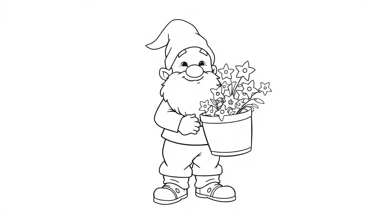 Schwarz-Weiß-Malvorlage eines Gartenzwergs mit spitzer Mütze, Bart und einem Topf voller kleiner Blumen.