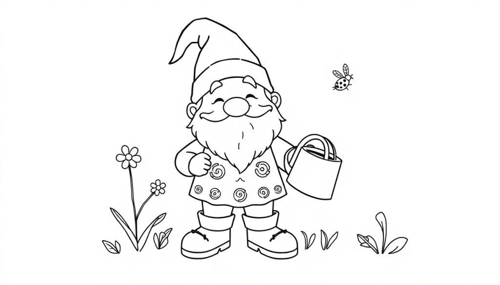 Schwarz-weiß Malvorlage eines fröhlichen Gartenzwergs mit Mütze, Kleid, Tasche, Blumen und einem Käfer.