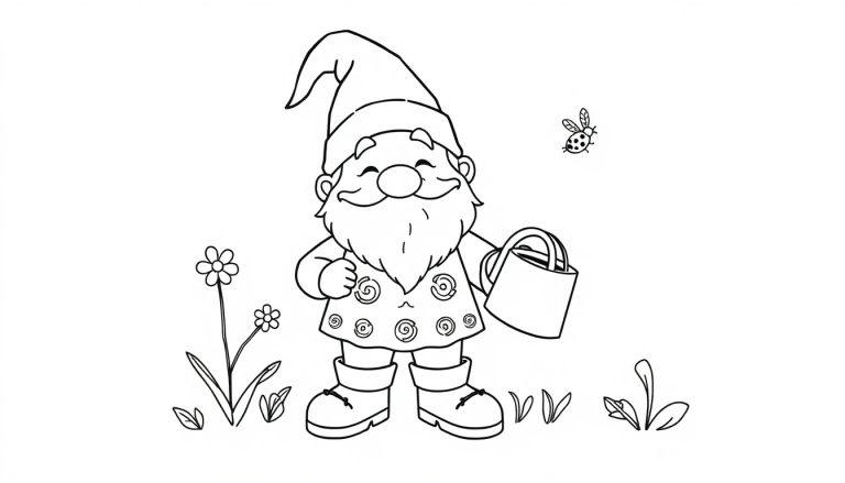 Schwarz-weiß Malvorlage eines fröhlichen Gartenzwergs mit Mütze, Kleid, Tasche, Blumen und einem Käfer.