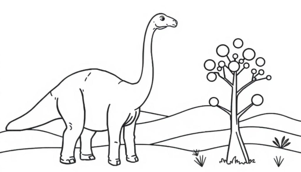 Malvorlage eines Dinosauriers mit langem Hals, der neben einem Baum mit runden Früchten steht, vor sanften Hügeln.