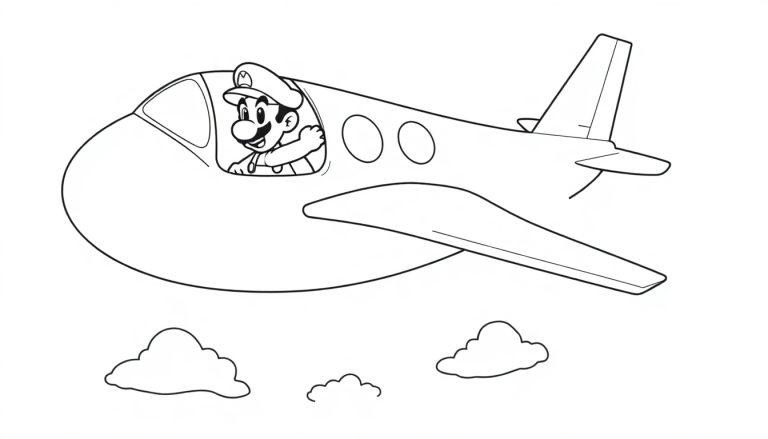 Schwarz-Weiß-Malvorlage von Super Mario, der in einem Flugzeug mit zwei Fenstern sitzt, mit drei Wolken darüber.