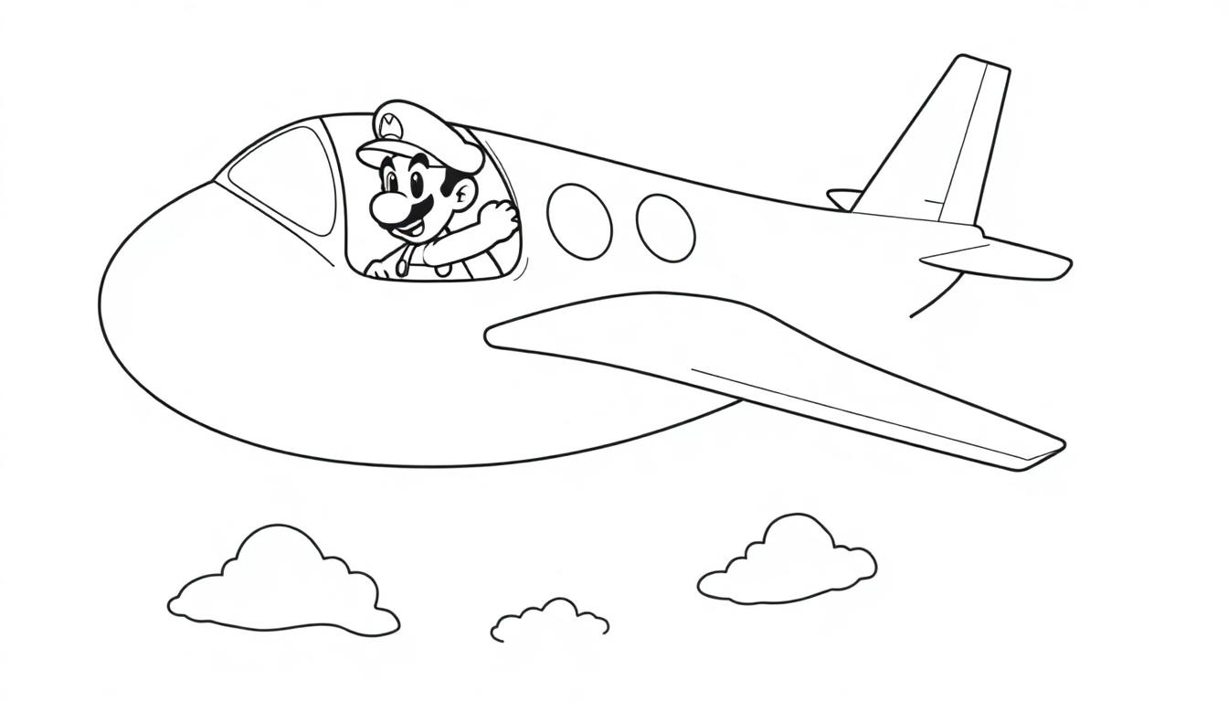 Schwarz-Weiß-Malvorlage von Super Mario, der in einem Flugzeug mit zwei Fenstern sitzt, mit drei Wolken darüber.