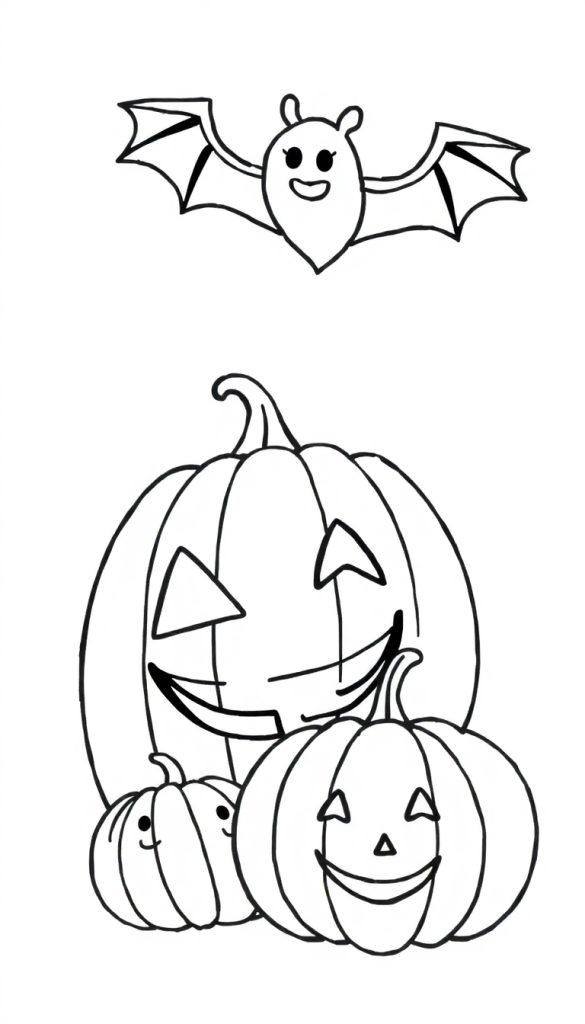 Eine fröhliche Comic-Fledermaus fliegt neben drei lächelnden Halloween-Kürbissen auf einer Malvorlage für Kinder.