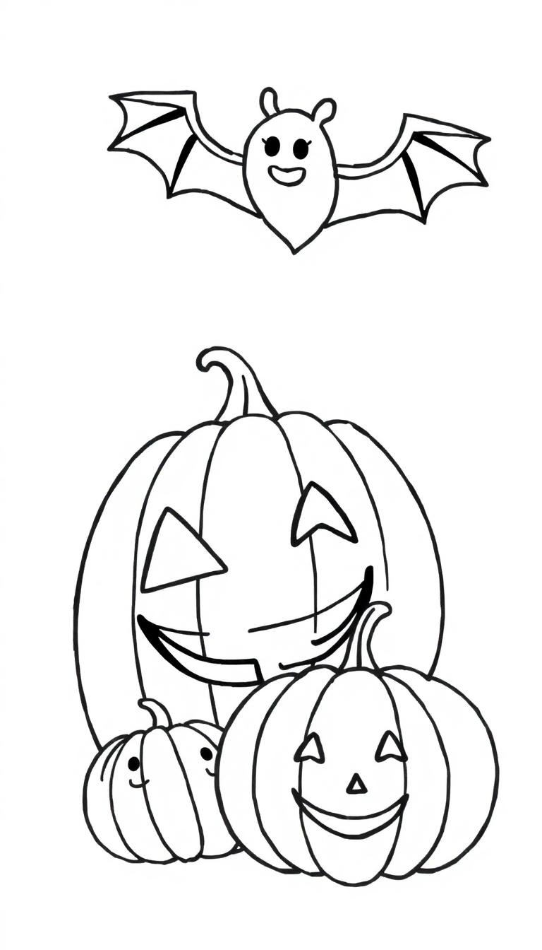 Eine fröhliche Comic-Fledermaus fliegt neben drei lächelnden Halloween-Kürbissen auf einer Malvorlage für Kinder.