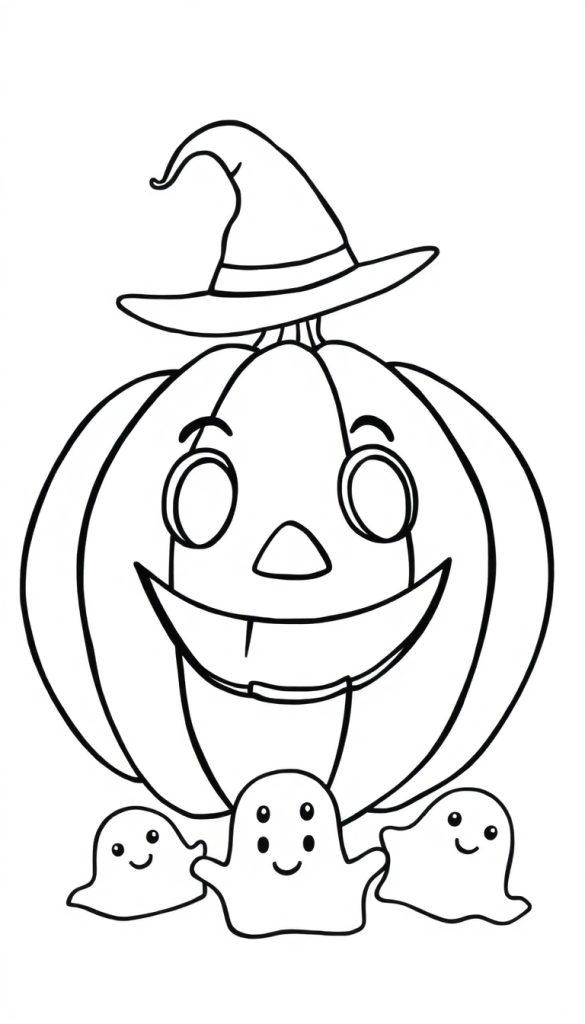 Malvorlage eines fröhlichen Halloween-Kürbisses mit Hexenhut, umgeben von drei kleinen, lächelnden Geistern.