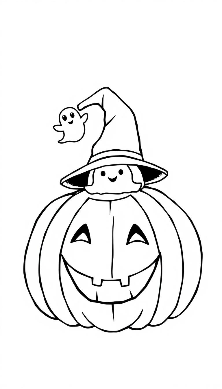Einfache Schwarz-Weiß-Malvorlage: Ein lächelnder Halloween-Kürbis mit Hexenhut und ein schwebender Geist.