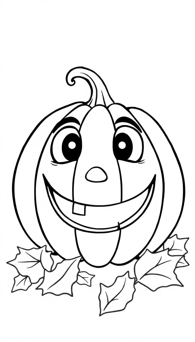 Gestrichelte Zeichnung eines niedlichen Halloween-Kürbisgesichts mit Augen, Nase, Mund mit Zahn und Zunge, Stiel und Herbstblättern auf weißem Hintergrund.