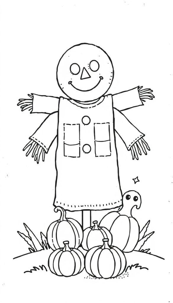 Malvorlage eines niedlichen Halloween-Vogels, der wie ein Kürbis aussieht, mit einer Familie von Kürbissen, einem weißen Hemd und einer Hütte.