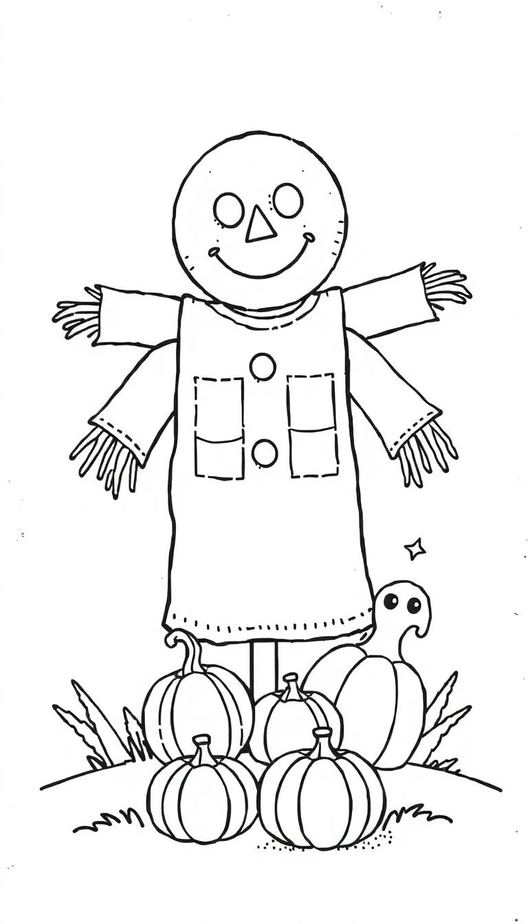 Malvorlage eines niedlichen Halloween-Vogels, der wie ein Kürbis aussieht, mit einer Familie von Kürbissen, einem weißen Hemd und einer Hütte.