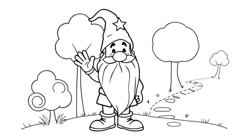 Malvorlage eines niedlichen Gartenzwergs, der auf einer Wiese winkt.