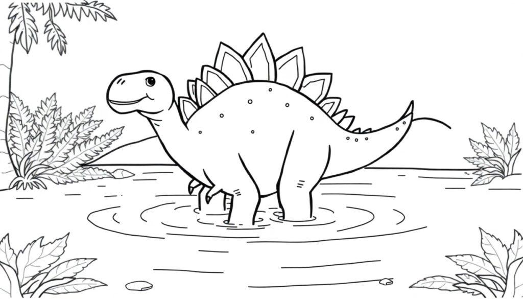 Malvorlage eines niedlichen Stegosaurus, der in einem Teich steht, mit prähistorischen Pflanzen und einem Baum im Hintergrund.