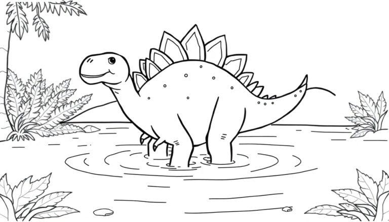 Malvorlage eines niedlichen Stegosaurus, der in einem Teich steht, mit prähistorischen Pflanzen und einem Baum im Hintergrund.