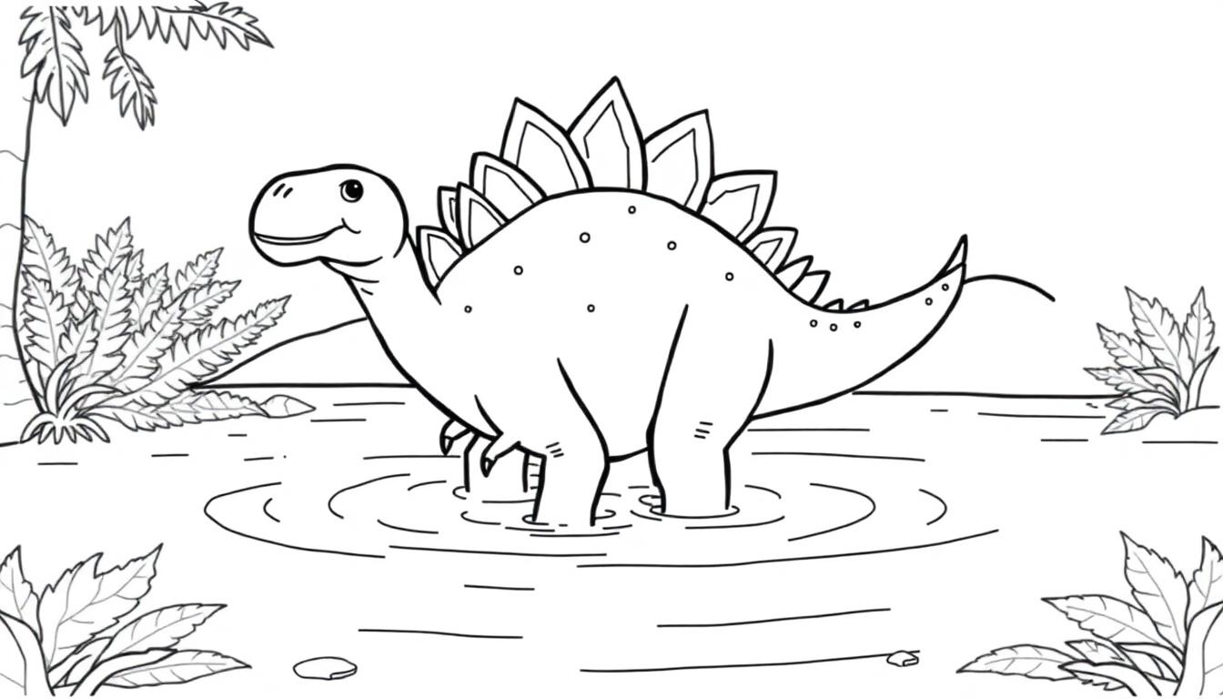 Malvorlage eines niedlichen Stegosaurus, der in einem Teich steht, mit prähistorischen Pflanzen und einem Baum im Hintergrund.