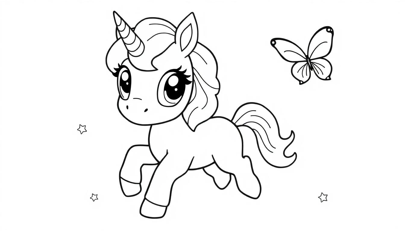 Strichzeichnung eines niedlichen Einhorns mit Mähne, Horn und Schweif, das galoppiert, mit einem fliegenden Schmetterling und Sternen darüber.