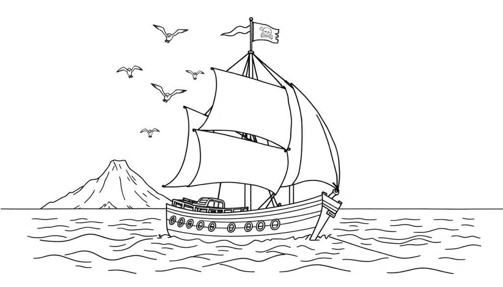 Malvorlage eines Piratenschiffes mit Totenkopfflagge auf stürmischer See, mit Bergen im Hintergrund und Möwen im Flug.