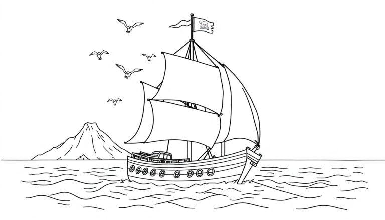 Malvorlage eines Piratenschiffes mit Totenkopfflagge auf stürmischer See, mit Bergen im Hintergrund und Möwen im Flug.
