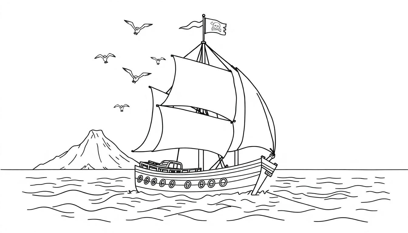 Malvorlage eines Piratenschiffes mit Totenkopfflagge auf stürmischer See, mit Bergen im Hintergrund und Möwen im Flug.