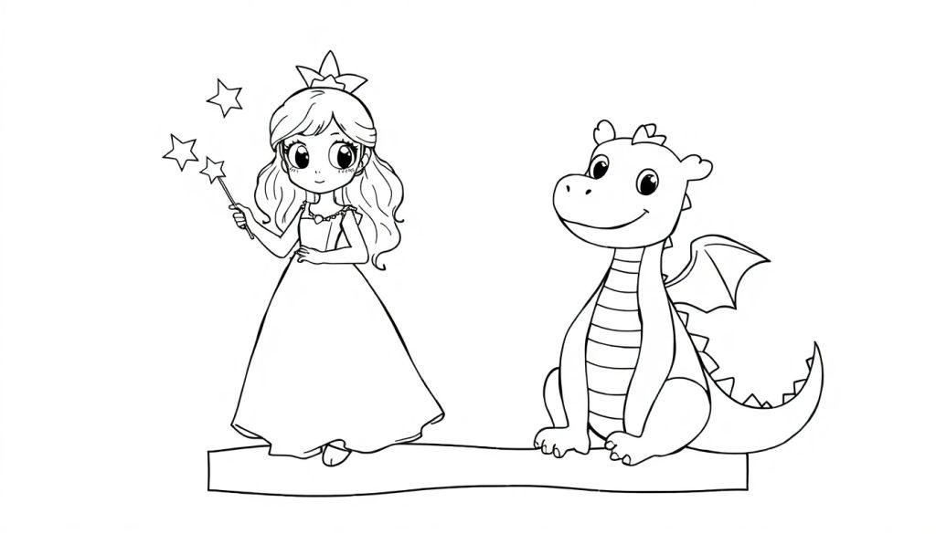 Malvorlage einer Prinzessin mit Zauberstab, die neben einem niedlichen Drachen auf einer Plattform sitzt.