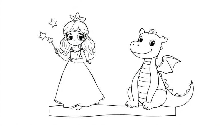 Malvorlage einer Prinzessin mit Zauberstab, die neben einem niedlichen Drachen auf einer Plattform sitzt.