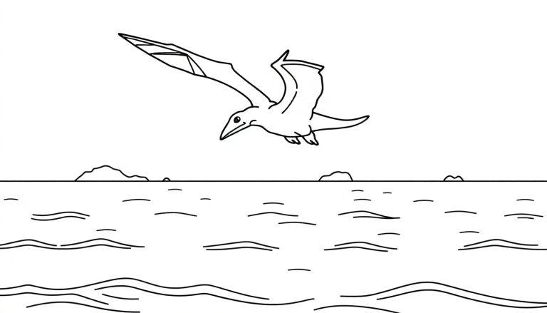 Malvorlage eines Pterodactylus über dem Meer mit Wellen und kleinen Inseln im Hintergrund.
